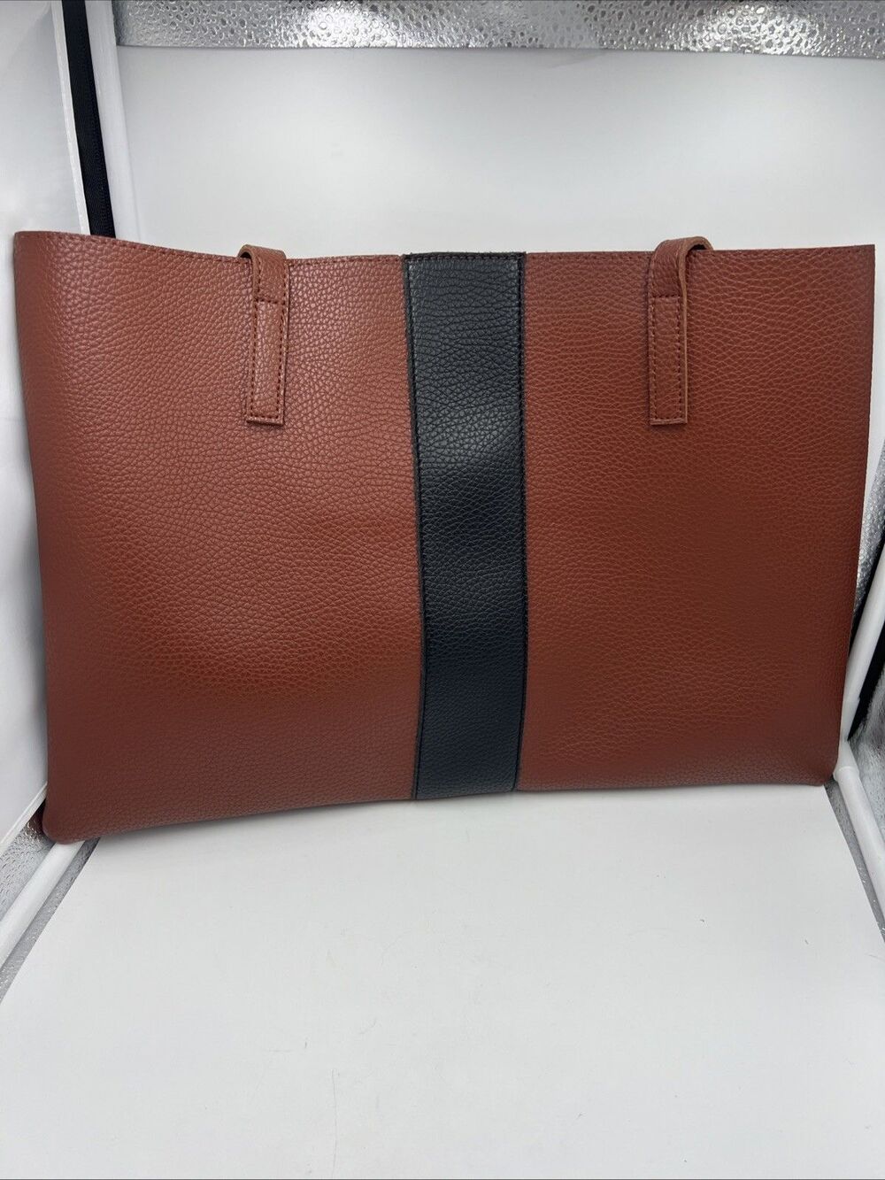 Vince Camuto Brown Black Stripe Pebbled Vegan Leather Tote Bag Purse
